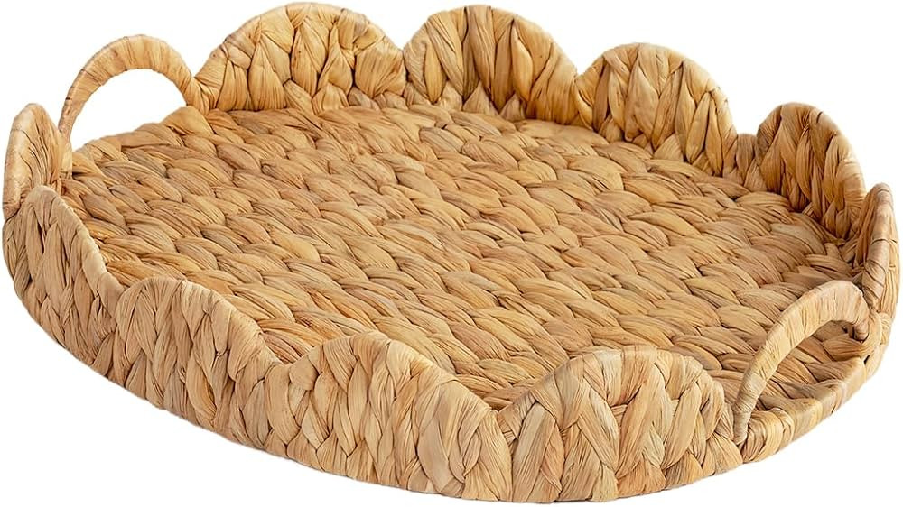 StorageWorks Elliptical Wicker Scalloped Tray, Rattan Serving Trays with Handles, Water Hyacinth ... | Amazon (US)