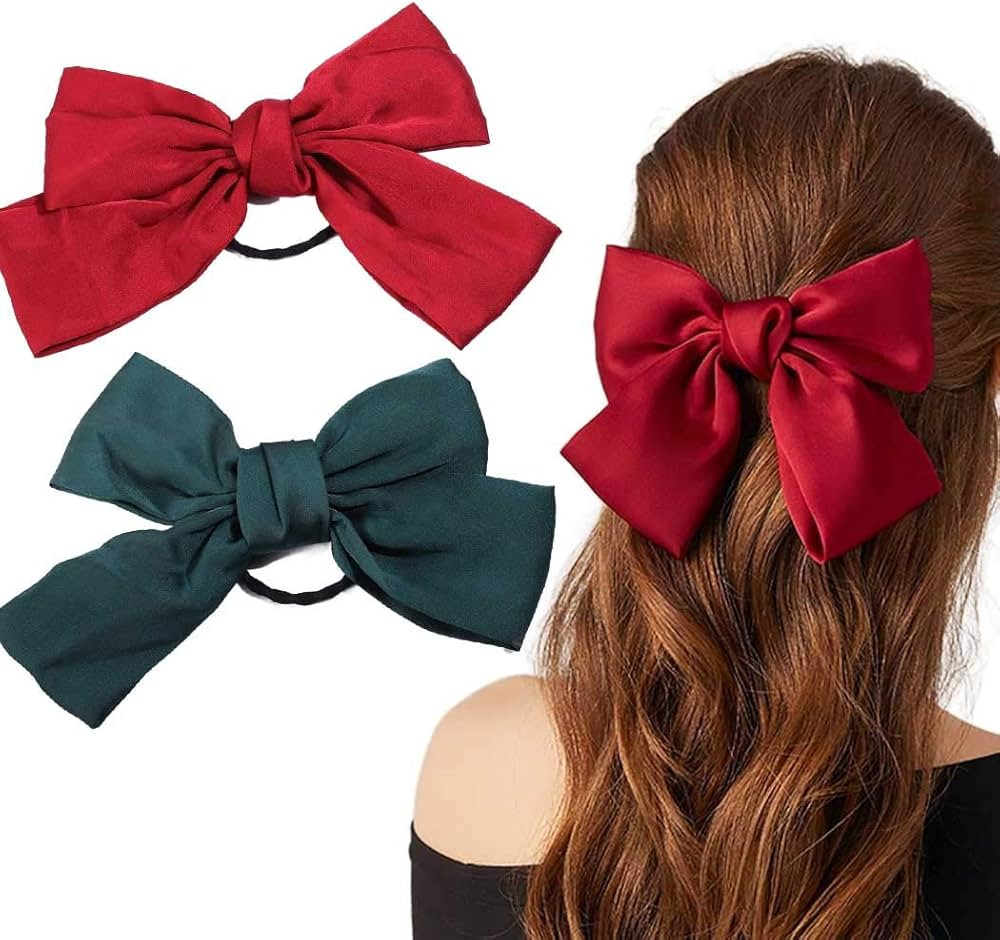 Mosako 2Pcs Bowknot Hair Scrunchies Red Elastic Hair Bands Green Chiffon Hair Scarf Velvet Hair T... | Amazon (US)