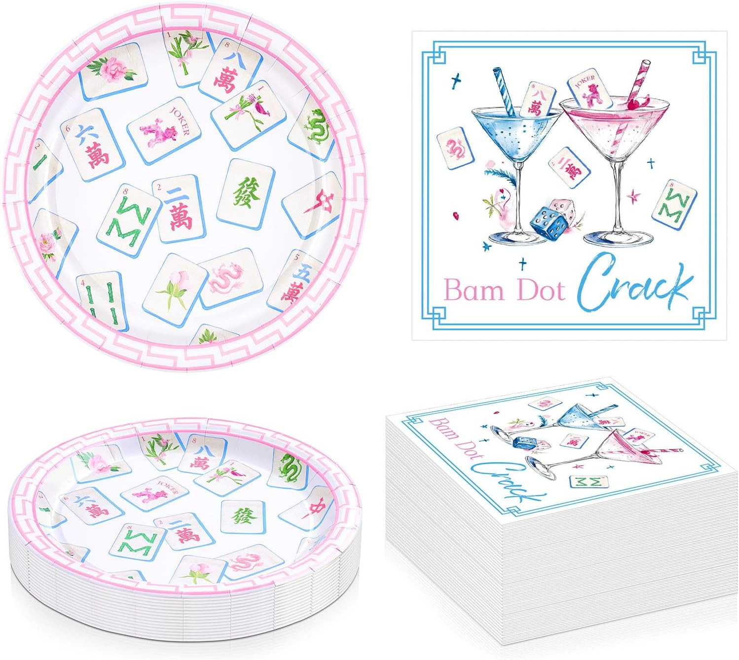 Mahjong Party Plates and Napkins Set, Mahjong Party Supplies with 20 Plates 20 Napkins for Home, Party & Special Events, Bridal Showers, Wedding, Anniversary & Birthdays (Pink Blue) | Amazon (US)