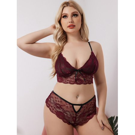 Sexy Maroon Women s Plus Floral Lace Bow Front Lingerie Set 2022 4XL(20) L063D | Walmart (US)