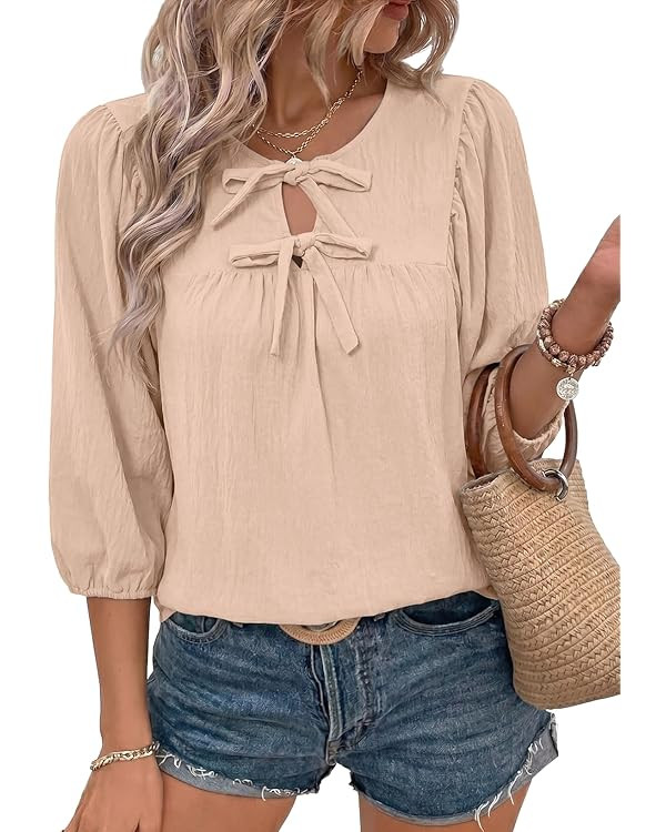 SHEWIN Womens Tops 3/4 Puff Sleeves Blouse Dressy Casual Babydoll Bow Tie Flowy Elegant Loose Lad... | Amazon (CA)