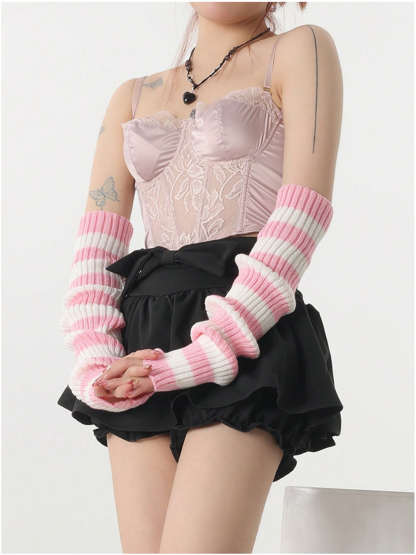1pair Striped Knitted Color-block Pink & White Arm Warmer, Perfect For Festival Outfits | SHEIN