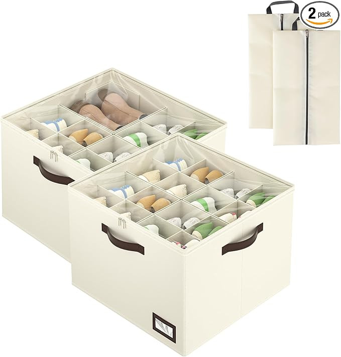 Amazon.com: OIAHOMY 2 Pack Shoe Organizer for Closet, Large Foldable Shoe Storage Bins with Divid... | Amazon (US)