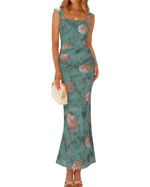 Simplee Womens Summer Wedding Guest Dress Floral Bodycon Mesh Tank Sleeveless Ruched Sexy Party S... | Amazon (US)