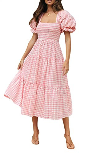 ZESICA Women's 2025 Bohemian Summer Plaid Square Neck Puff Sleeve Ruffle Flowy Beach Midi Dress,Pink,Medium | Amazon (US)