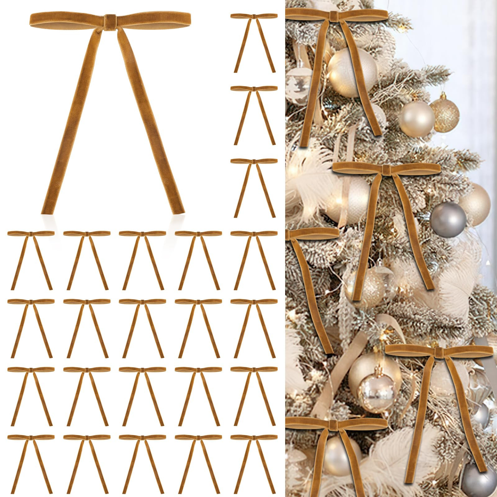 24 Pcs Velvet Bows for Christmas Tree, Elegant Khaki Christmas Tree Bows, 5”x7” Pre-Tied Velv... | Amazon (US)