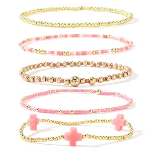 Bohxantium 14K Gold Plated Beaded Stretch Bracelets Stack Set for Women- Pink Stackable Elastic Waterproof Boho Style with Cross Bracelet - Colorful Seed Beads Jewelry Christian Faith Summer Gift | Amazon (US)