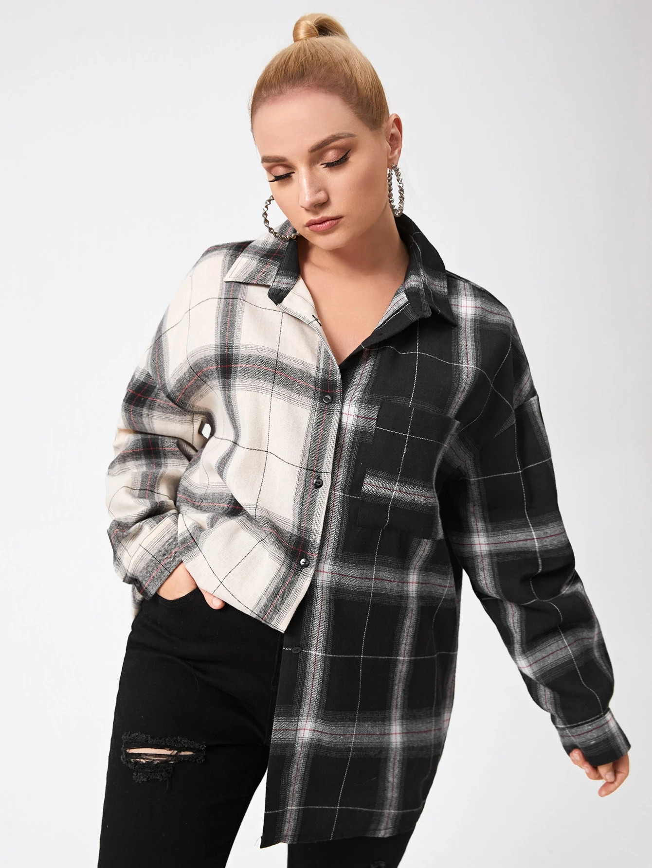 Plus Plaid Spliced Button Up Tunic Blouse | SHEIN