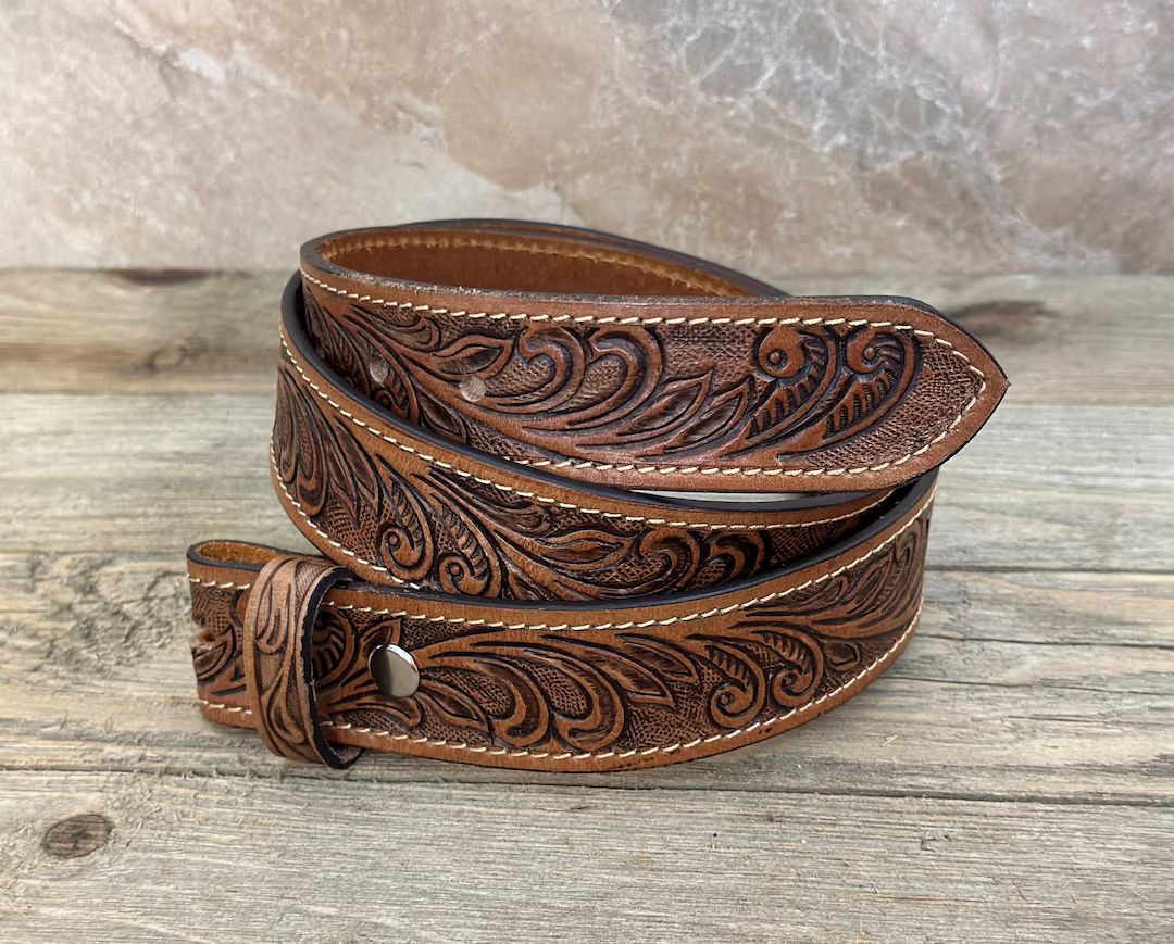 Tooled Western Floral Engraved Leather Belt 100% Genuine Full - Etsy | Etsy (US)