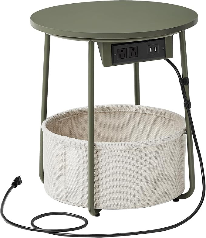 SONGMIC HOME Round Side End Table, Nightstand with Charging Station and Fabric Basket, for Living... | Amazon (US)