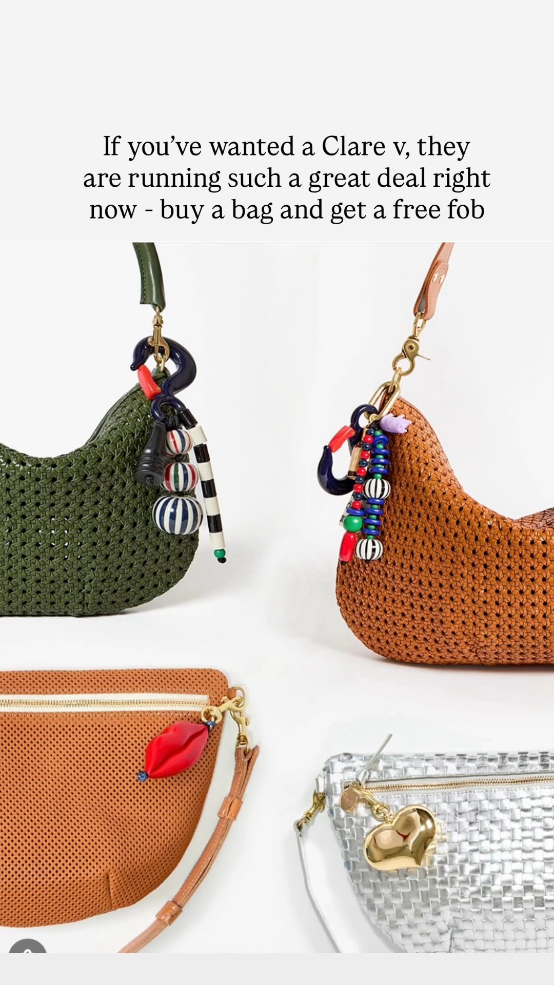 Clare v is running such a good deal right now - buy a bag and get a free fob - linking some of my favorites 

#LTKSaleAlert #LTKShoeCrush #LTKItBag