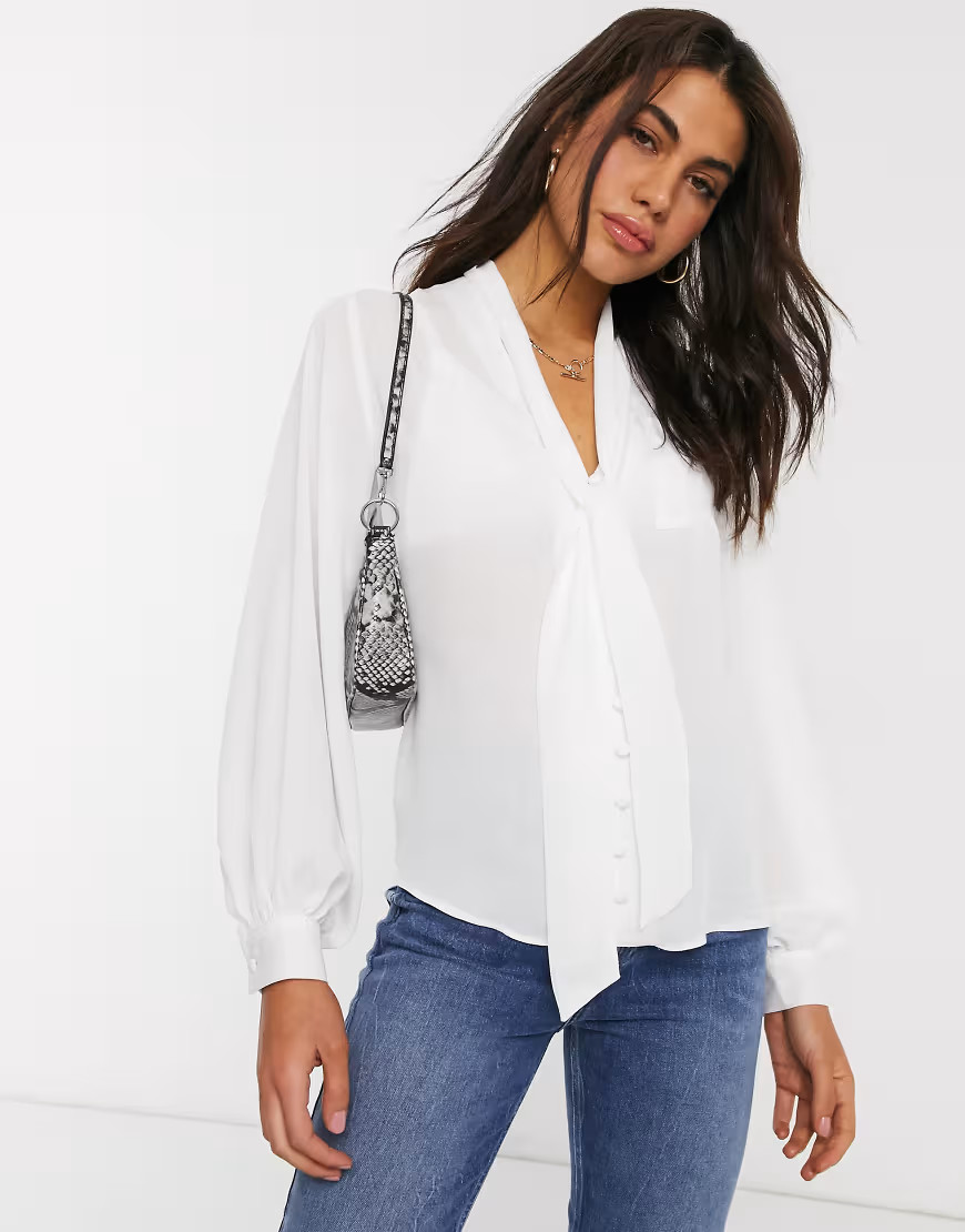 ASOS DESIGN long sleeve blouse with pussybow detail in ivory-White | ASOS (Global)