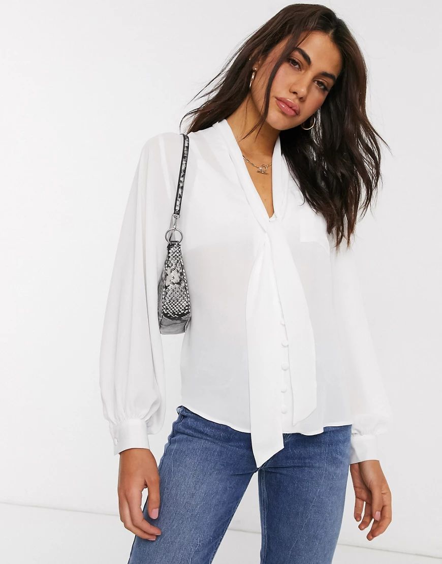 ASOS DESIGN long sleeve blouse with pussybow detail in ivory-White | ASOS (Global)