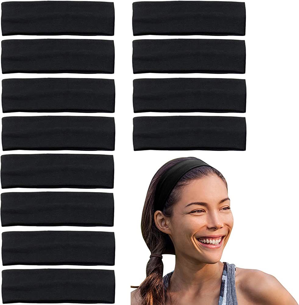 Stretchy Headbands - Yoga Headbands - Sports Headbands - 2-Inch-Wide Black Headband - 12 Pack Cot... | Amazon (US)