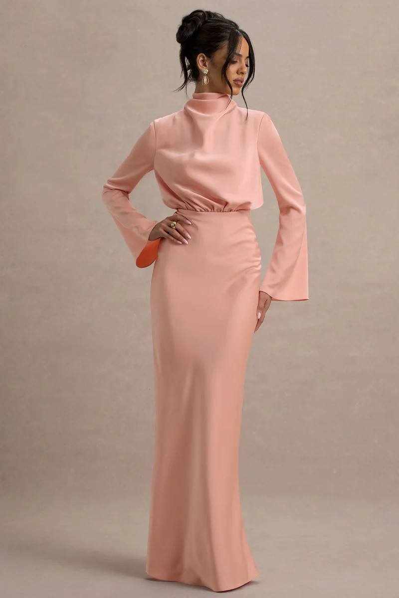 Celina | Light Pink Satin High-Neck Maxi Dress | Club L London
