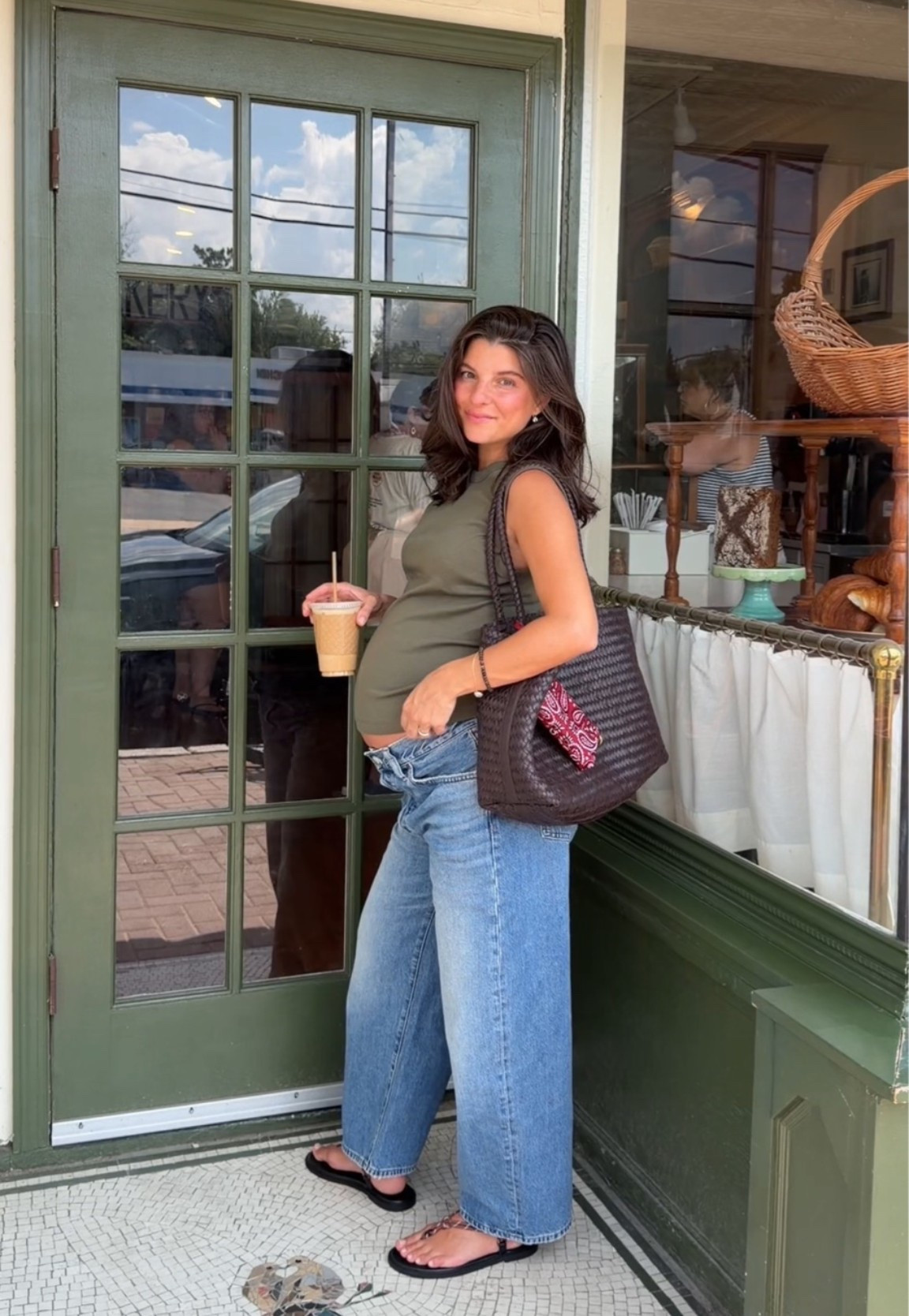 [8/3/26] coffee run at 36 weeks! 🤍 full outfit is @Madewell, linking everything below. Currently wearing size 30 short in barrel-leg jean in solstice wash and medium in ‘90s shell tank (100% cotton!!). Bag is a fav I’ve been using all summer in the color coffee bean styles with the clip-strap pouch.