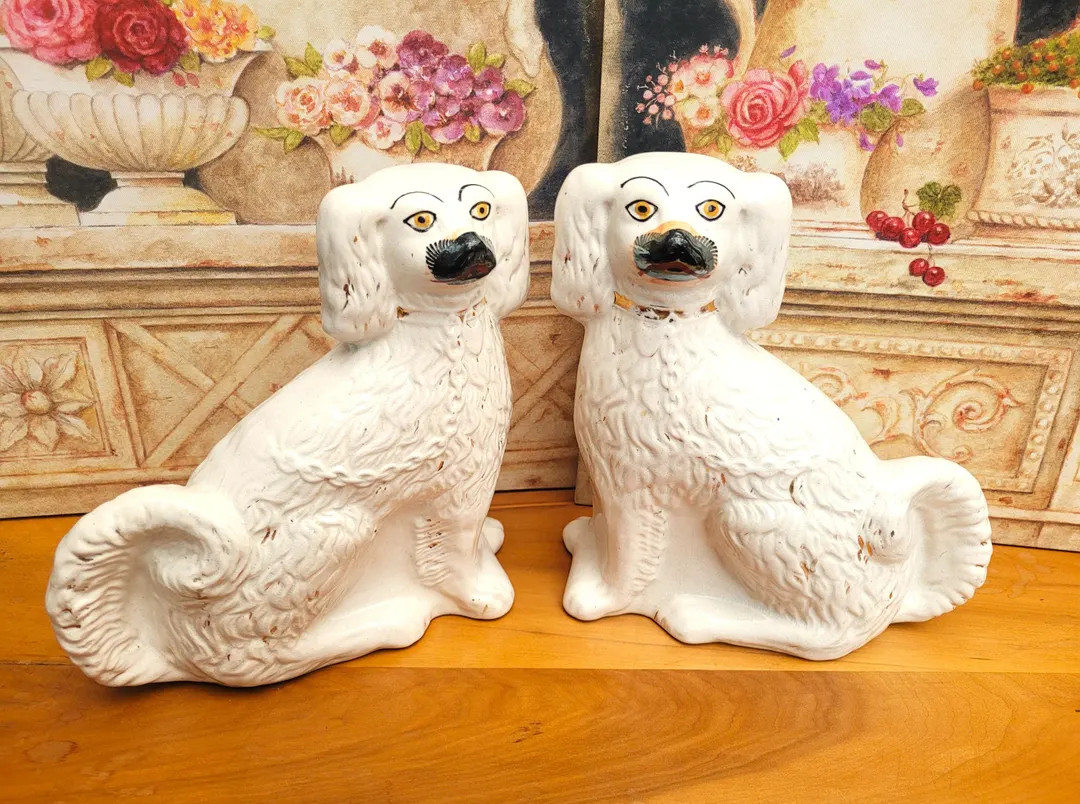 Pair of Victorian White Staffordshire Spaniel Mantle Dogs, Hand Painted Wally Hearth Dogs - Etsy | Etsy (US)