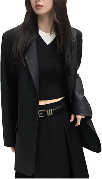 Women Black Leather Blazer Casual Long Sleeve Pu Suits Coats Office Single Breasted Blazer Jacket... | Amazon (US)
