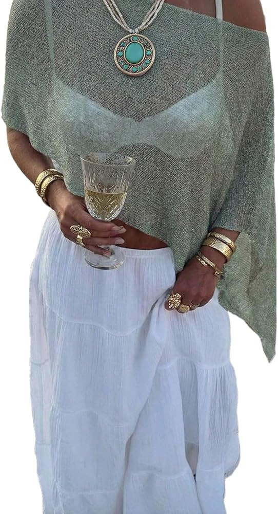 BEAUDRM Women's Sheer Ponchos Knit Crochet Shawl Cape Off The Shoulder Lightweight Sweater Summer Beach Cover Up | Amazon (US)