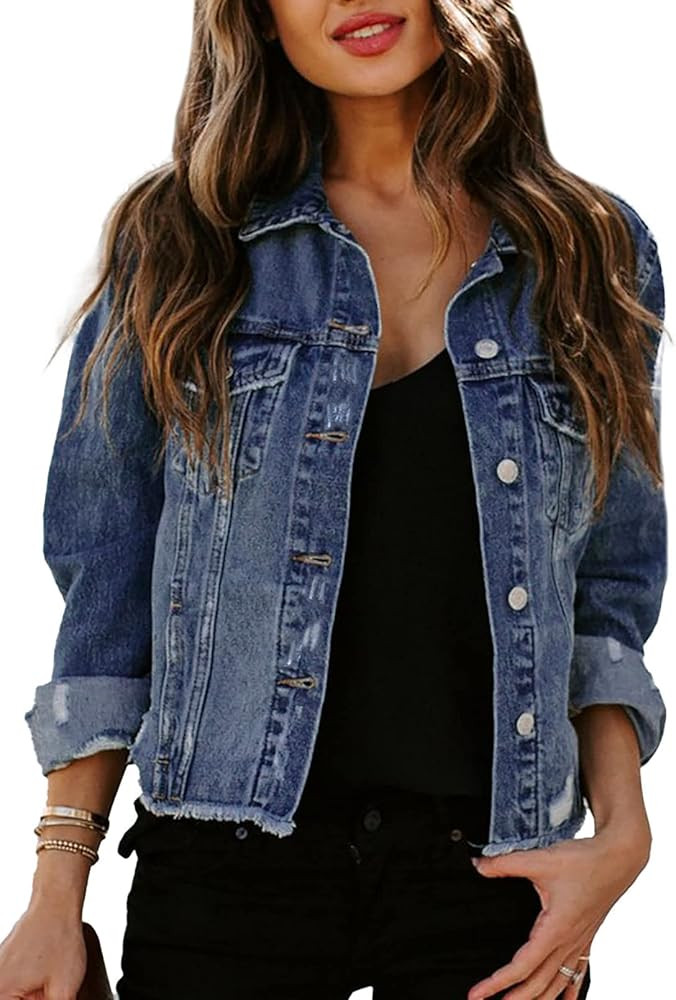 Sidefeel Women Long Sleeve Button Denim Jacket Distressed Ripped Jean Coat | Amazon (US)