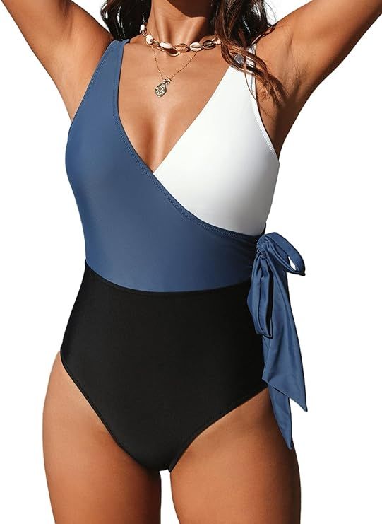 CUPSHE Women's One Piece Swimsuit Wrap Color Block Tie Side Bathing Suit | Amazon (US)