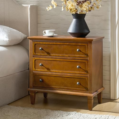 HULALA HOME 3 Drawer Nightstand with Charging Station, Wooden Drawer Organizer with Wood Legs, Mid Century Modern Nightstand, Acorn | Amazon (US)