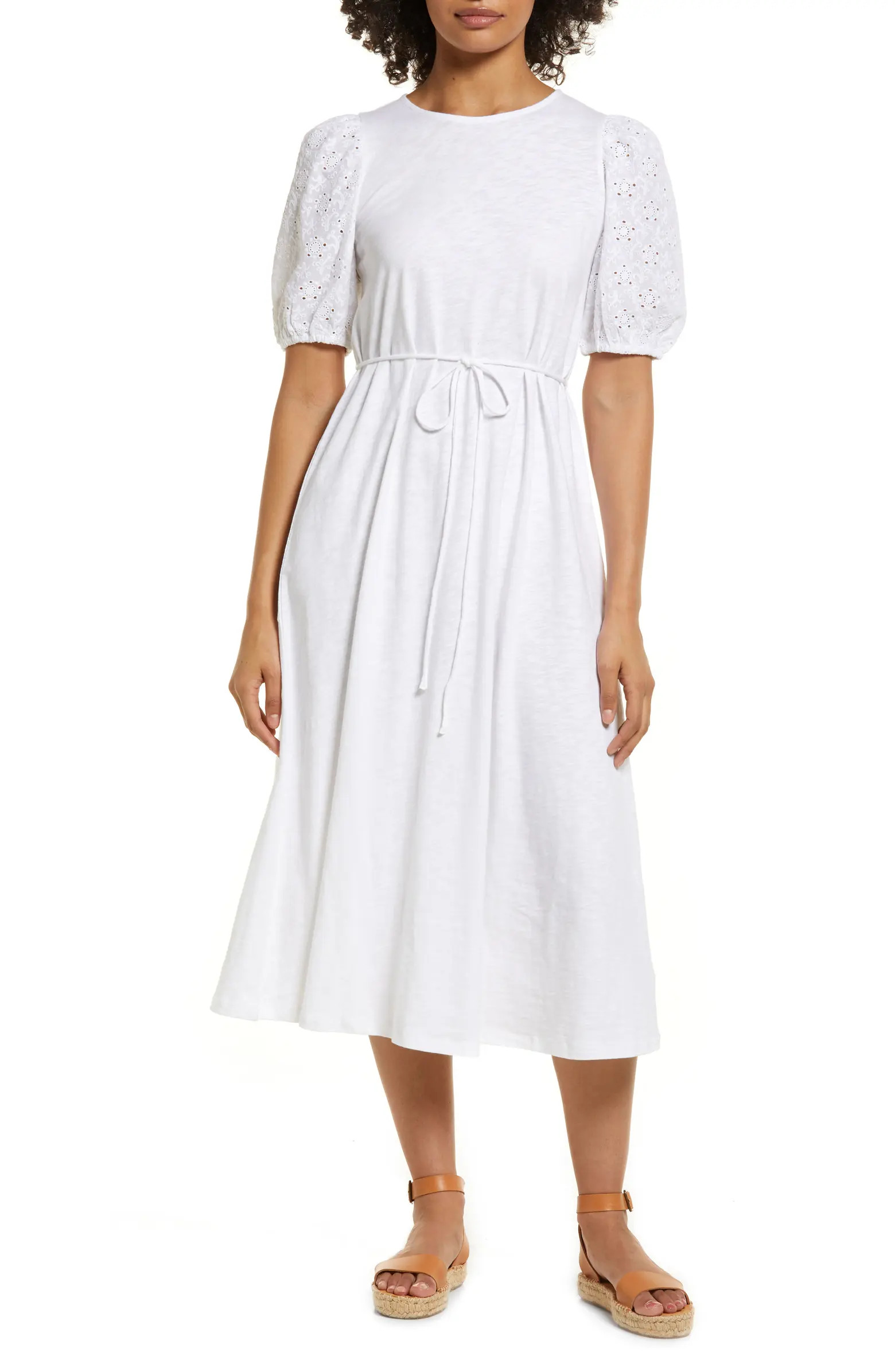 Boden Broderie Puff Sleeve Cotton Jersey Midi Dress | Nordstrom | Nordstrom