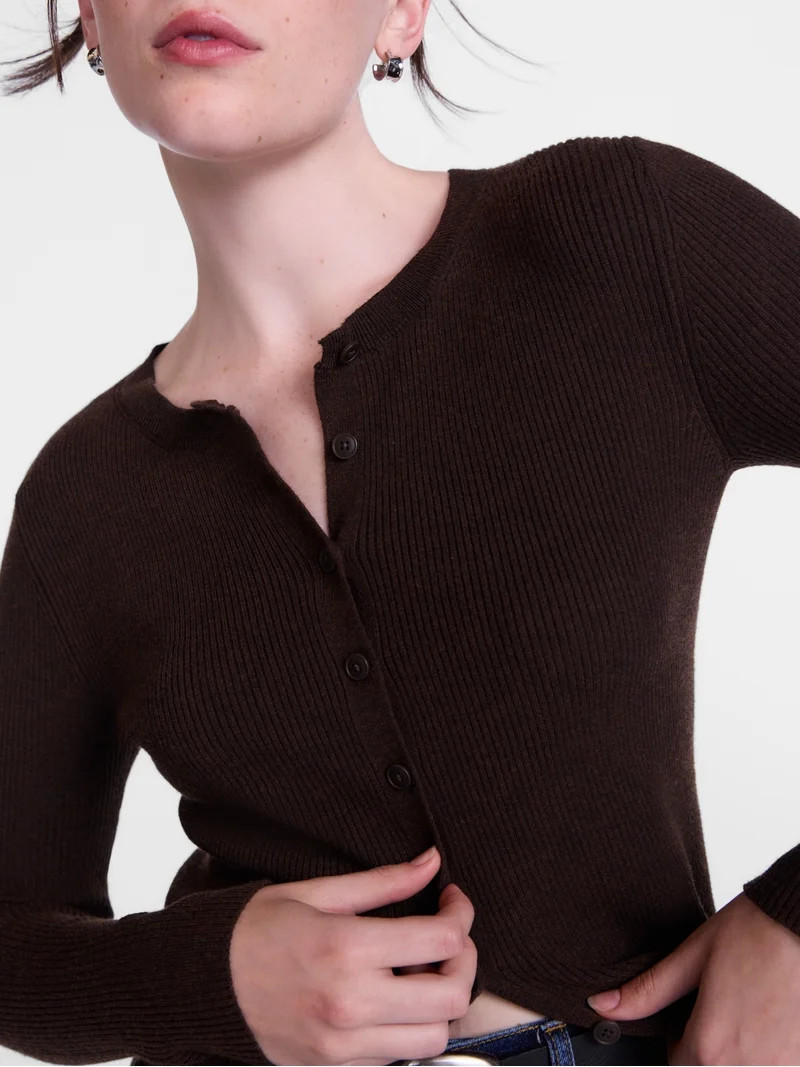 Scenario Women's and Women's Plus Ribbed Crewneck Cardigan Sweater, Lightweight, Sizes XS-4X | Walmart (US)