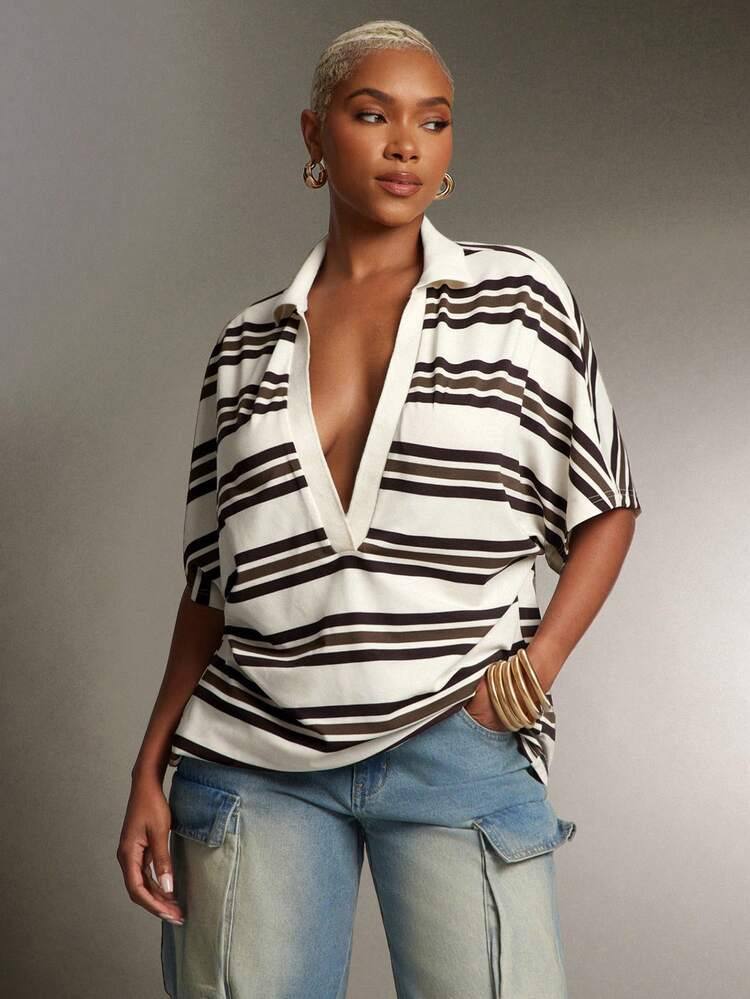 Denimoi plunge neck collared oversize stripped polo | SHEIN