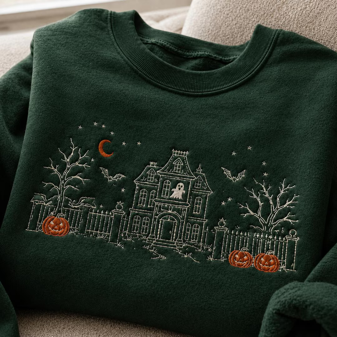 Embroidered Haunted Manor Sweatshirt, Gothic Victorian Halloween Crewneck, Spooky Ghost Pumpkin S... | Etsy (Global)
