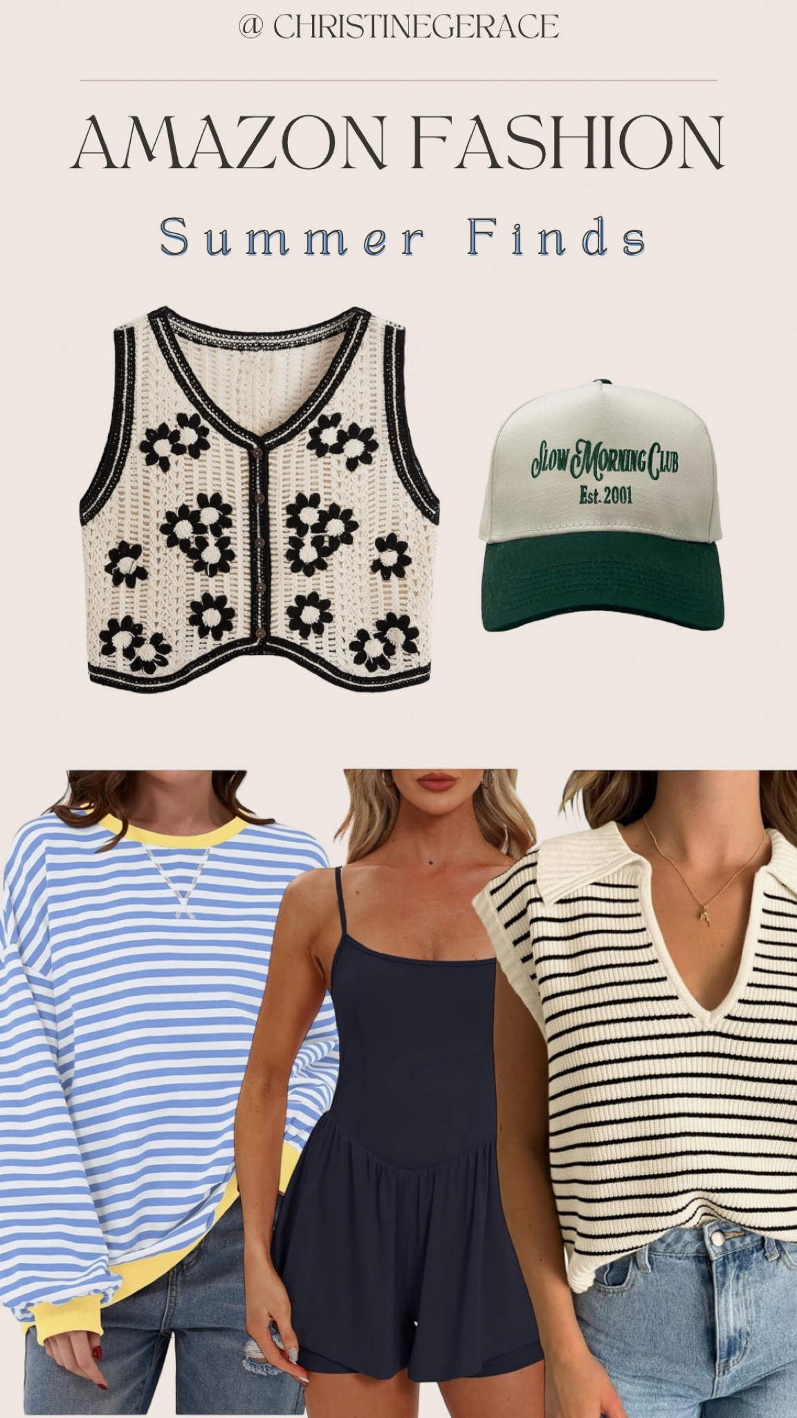 Amazon Fashion finds for summer !! 
Loving the stripes on the tops. Super cute embroidered vest c slow morning trucker hat, athletic dress 🤍 @christinegerace

#LTKStyleTip #LTKSummerSales #LTKFindsUnder50
