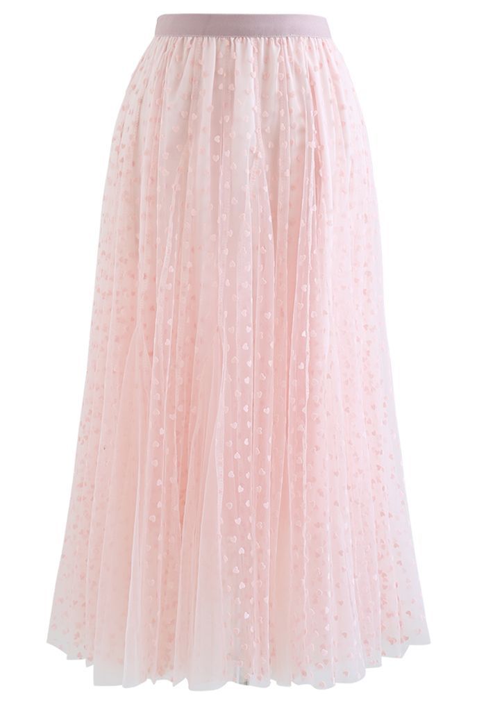 Little Heart Panelled Mesh Frilling Skirt in Pink | Chicwish