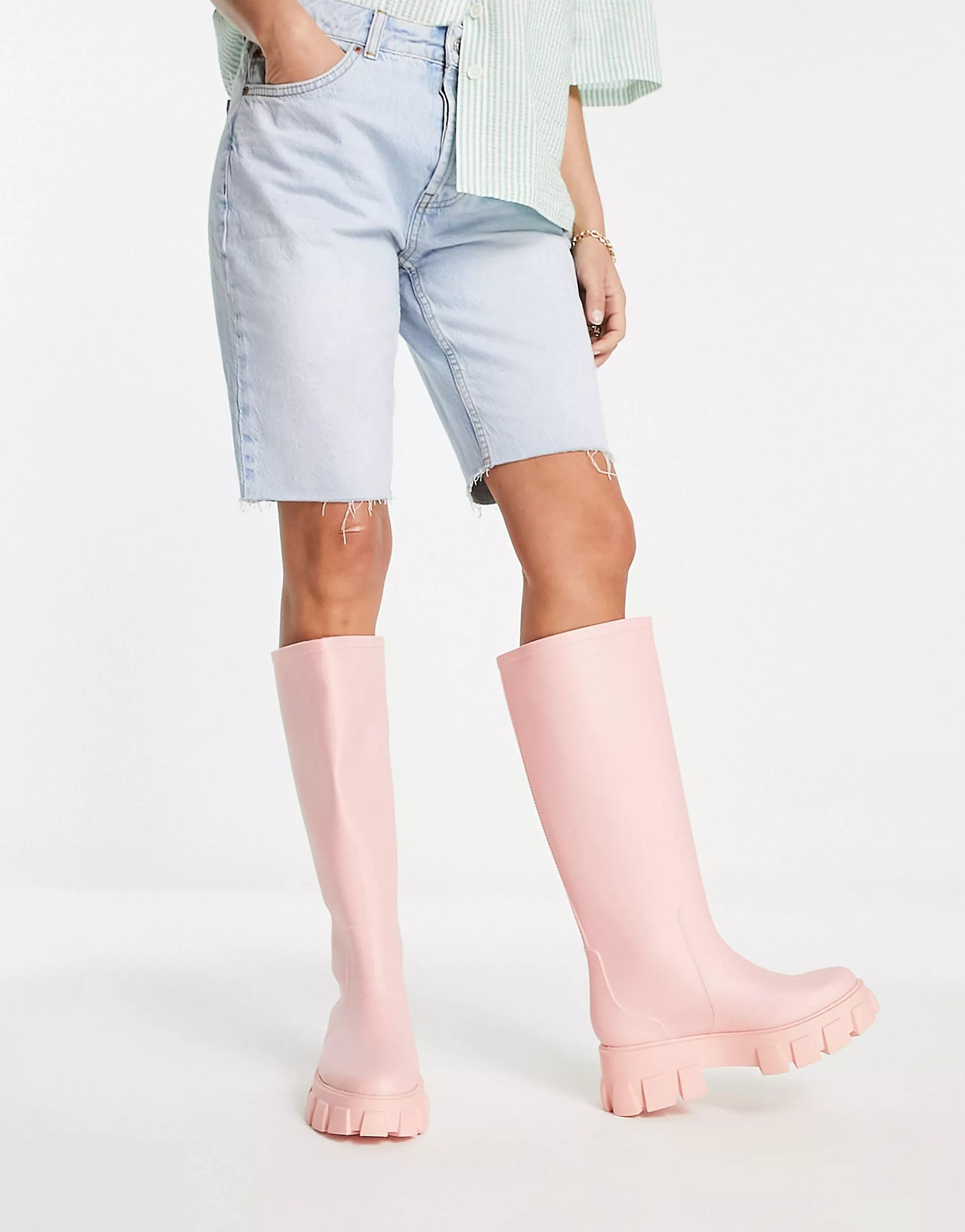 ASOS DESIGN Gracie chunky knee high wellies in pink | ASOS (Global)