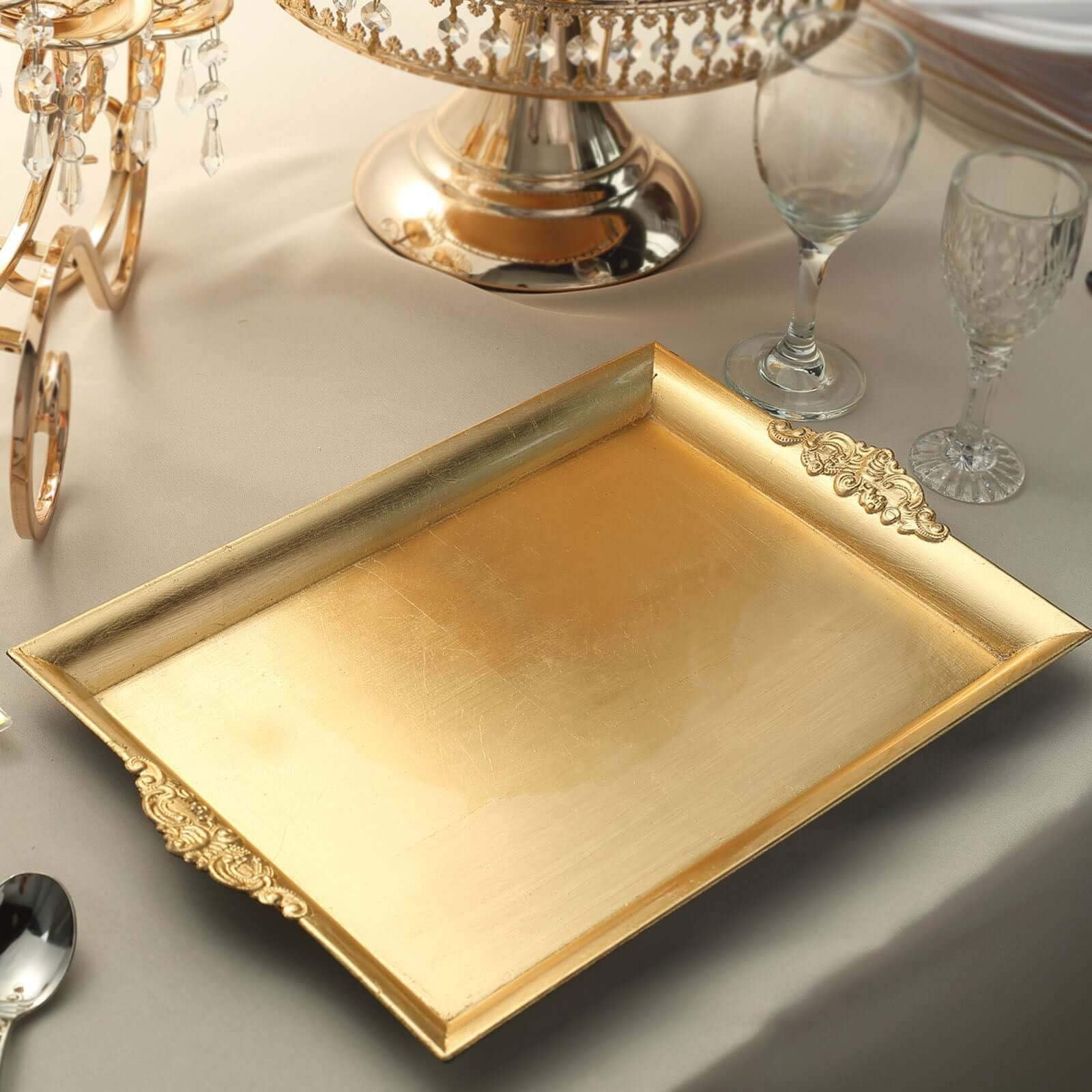 Efavormart 2 PCS - Gold 14" x 10" Rectangle Decorative Plastic Serving Trays with Embossed Rims f... | Amazon (US)