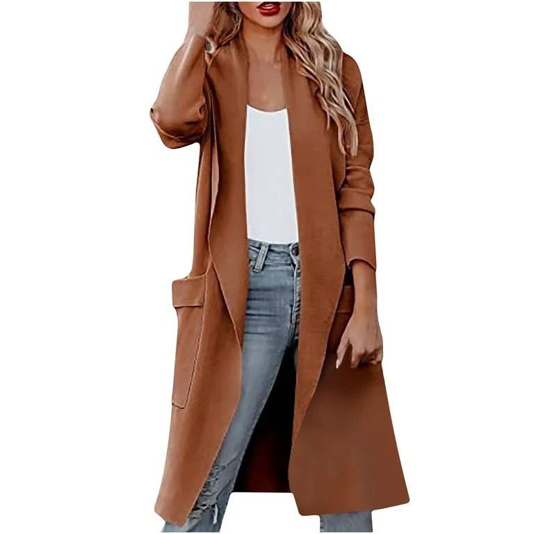 RQYYD Women's Solid Long Sleeve Draped Open Front Cardigan Fall Winter Casual Long Jacket Sweater... | Walmart (US)