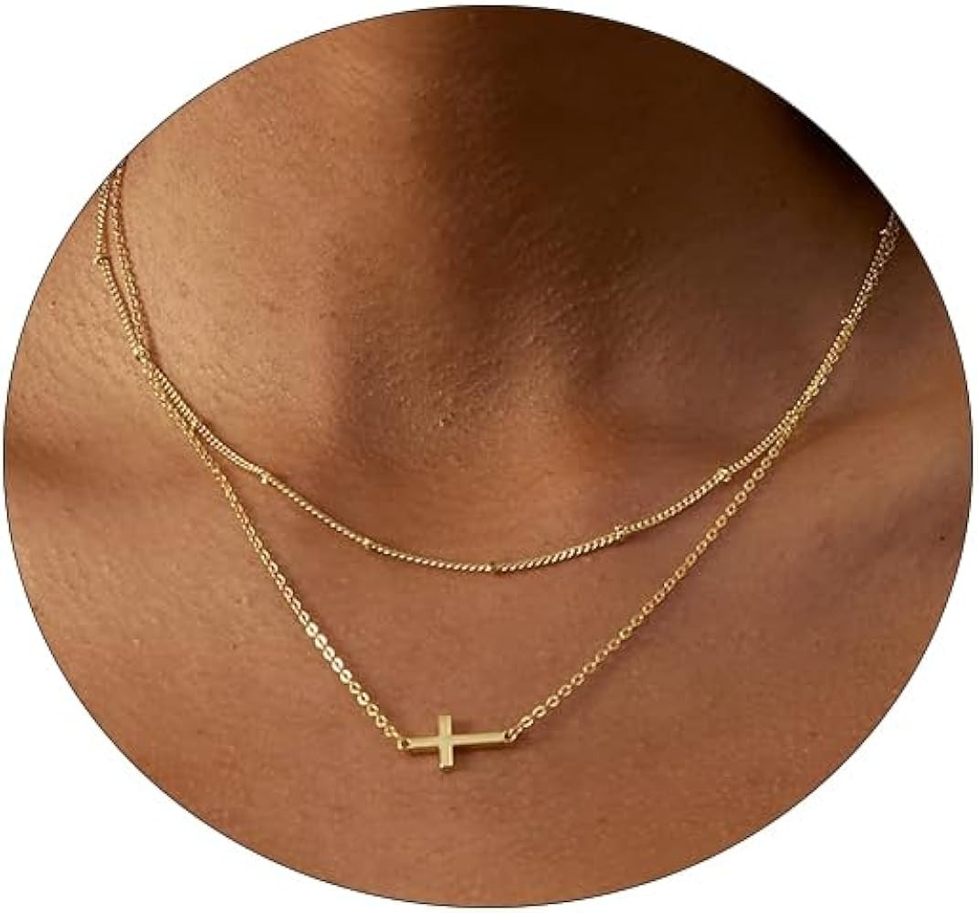 Cross Necklace for Women 14K Gold Plated Sideways Cross Necklace Set Dainty Simple Silver Cross C... | Amazon (US)