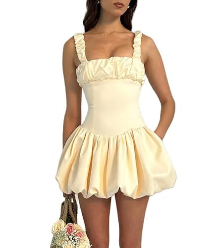 Y2k Graduation Dress for Women Strapless Aline Bubble Mini Dress Puffy Ruffle Hem Short Tube Dress(Yellow1,X-Large) | Amazon (US)