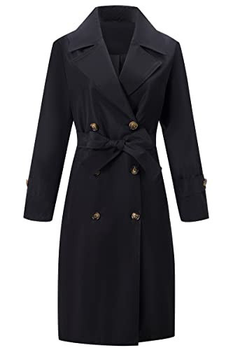 RISISSIDA Trench Coats for Women Long Double Breasted Jacket Overcoat Black X-S | Amazon (US)