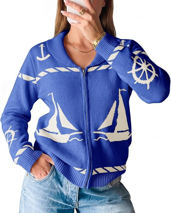 Saodimallsu Women Zip Up Collared Sweater Jacket Nautical Inspired Cardigan | Amazon (US)