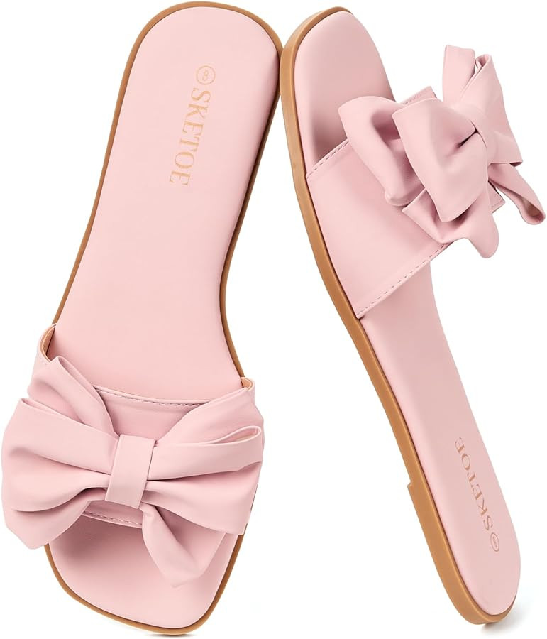Women's Bow Flat Sandals Open Saquare Toe Sandals Comfortable Slide Slip On Sandals for Wedding B... | Amazon (US)