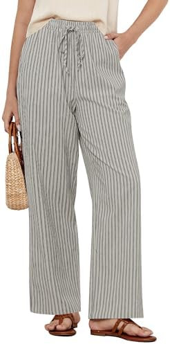 GRAPENT Striped Pants for Women High Waisted Wide Leg Cotton Linen Trendy Beach Pull on Elastic W... | Amazon (US)