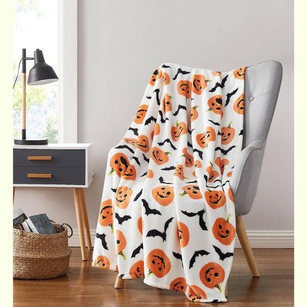 Halloween Pumpkins Bats Rustic Orange & White Ultra Soft & Plush Throw Blankets | Target