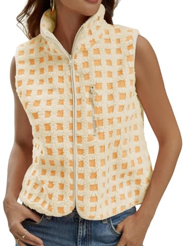 Tankaneo Womens Checkered Sherpa Vest Fleece Fuzzy Zip Up Sleeveless Jacket Casual 2025 Winter Warm Outwear Yellow | Amazon (US)