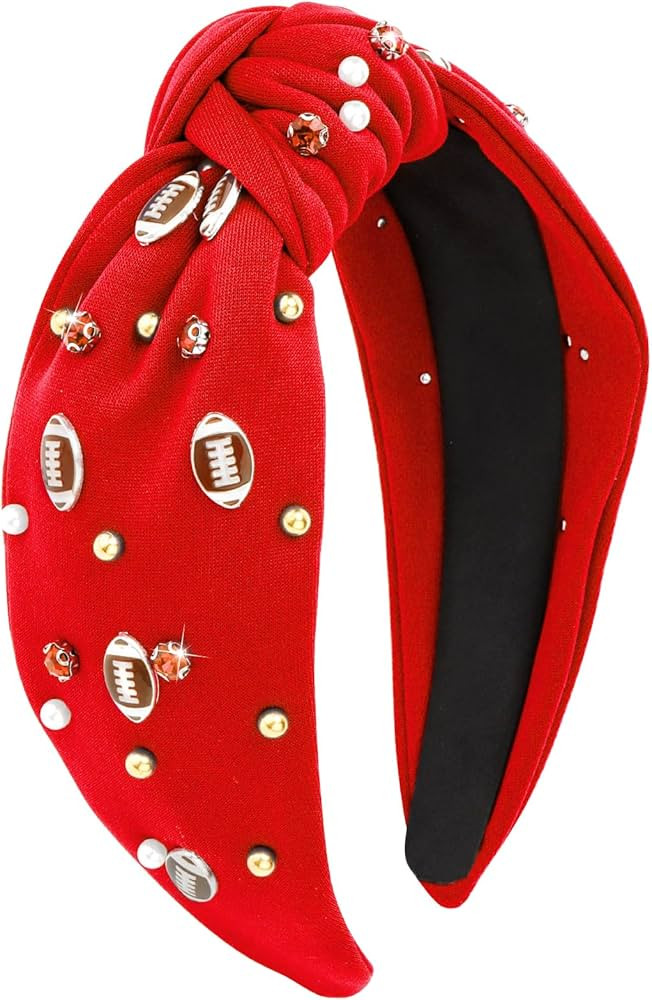 YARIEW Knotted Jeweled Top Knot Headband for Women, Sports Fan Mom Christmas Gifts (Red) | Amazon (US)