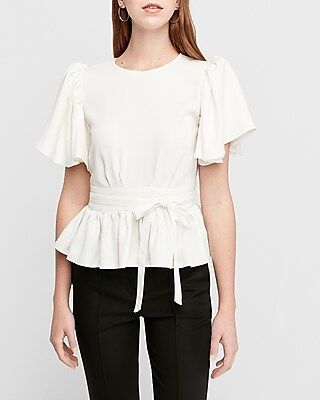 Belted Flutter Sleeve Peplum Top | Express