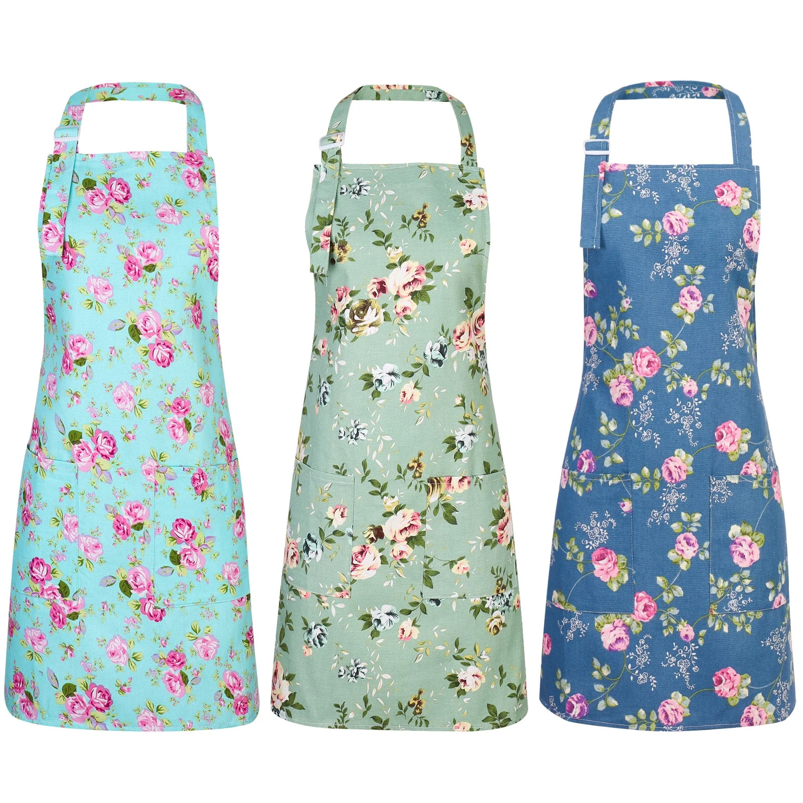 AOWOO 3 Pack Floral Aprons for Women, Adjustable Kitchen Aprons with 2 Pockets Vintage Cute Rose ... | Walmart (US)
