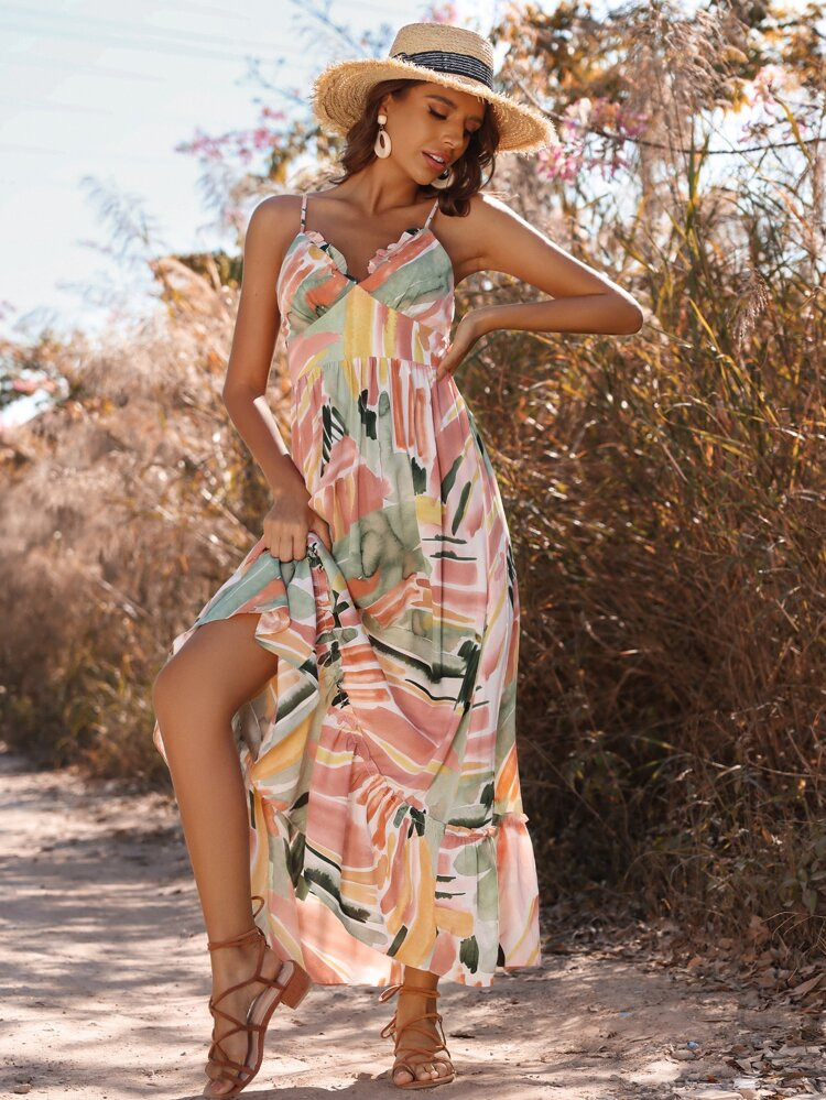 Brush Print Shirred Back Ruffle Hem Cami Dress | SHEIN