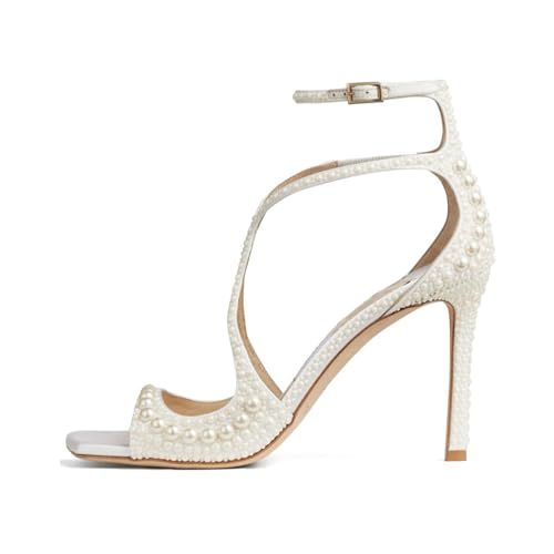 Womens Peep Toe Stiletto Heeled Sandals Shiny Pearl Buckle Ankle Strap Wedding Pumps Dress Evenin... | Amazon (US)