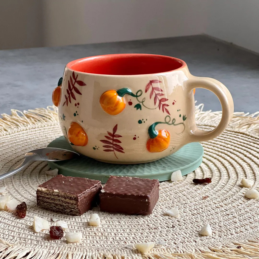 Cute 3D Pumpkin Ceramic Cup 15.2 Oz, Artistic Fall Coffee Cup, Unique Beige Tea Cup, Latte Mug, F... | Etsy (US)