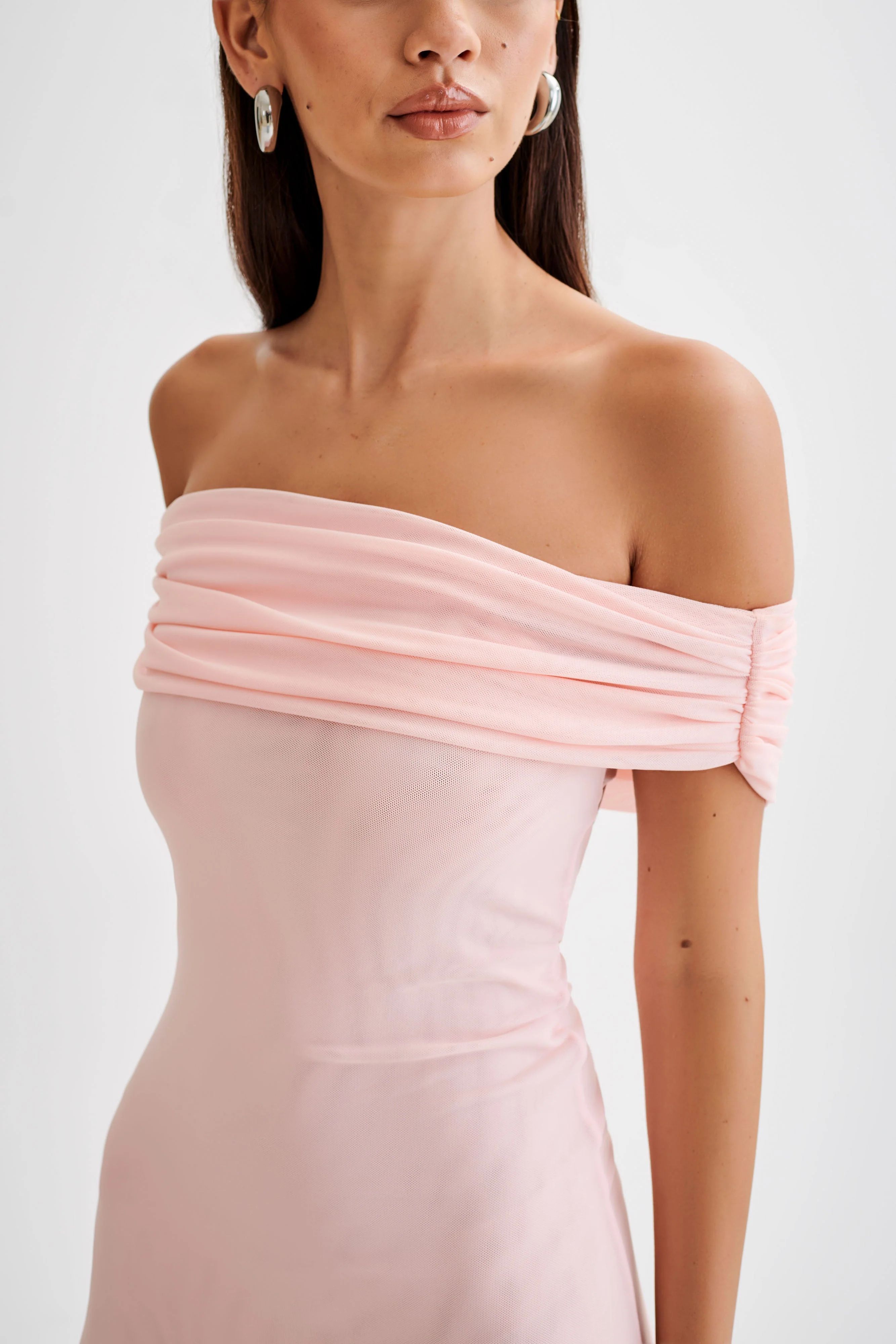 Audrey Off Shoulder Mesh Maxi Dress - Pale Pink | MESHKI US